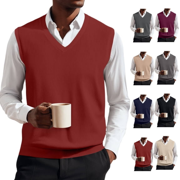 Huankd Men’s Knit Sweater Vest V Neck Relaxed Fit Sleeveless Pullovers Red 3XL