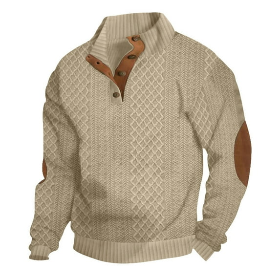 Huankd Men's Knitted Sweater with Elbow Patches Stand Collar Quarter Button Pullover Casual Long Sleeve Vintage Style Khaki M
