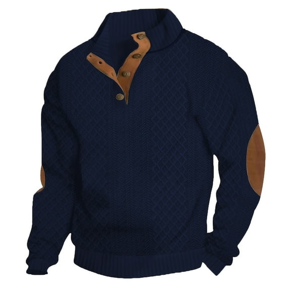 Huankd Men's Knitted Sweater with Elbow Patches Stand Collar Quarter Button Pullover Casual Long Sleeve Vintage Style Navy 2XL