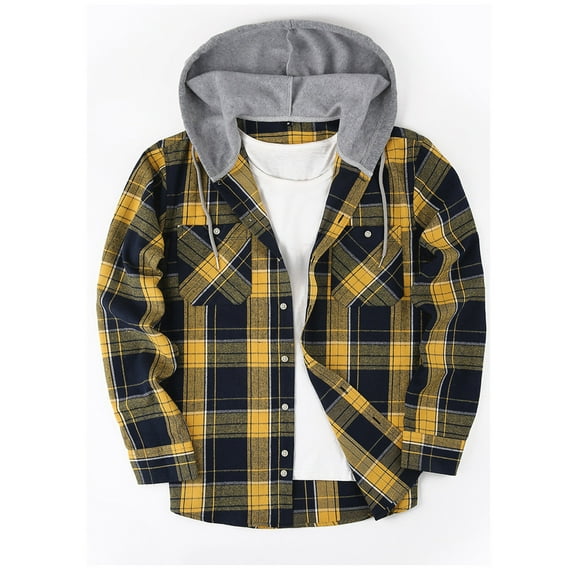 Huankd Men's Plaid Hooded Shirts Casual Long Sleeve Flannel Hoodie Shirts Jackets Saffron 2XL