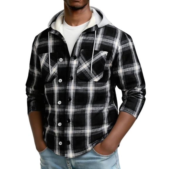 Huankd Men's Plaid Long Sleeve Shirts Jacket Fleece Lined Flannel Shirts Sherpa Button Down Coat with Hood Black M