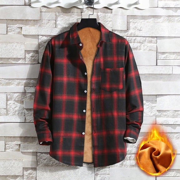 Huankd Men's Sherpa Lined Flannel Shirt Jacket Plaid Button Up Jacket Coat with Pocket Red L