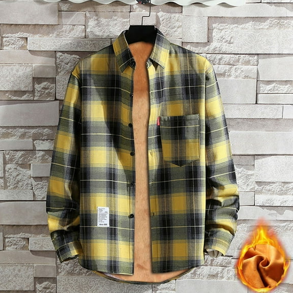Huankd Men's Sherpa Lined Flannel Shirt Jacket Plaid Button Up Jacket Coat with Pocket Yellow 3XL