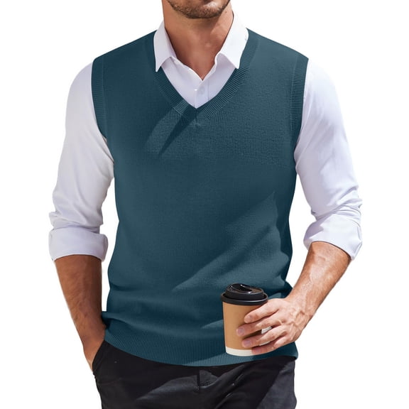 Huankd Men's Solid Sweater Vest Sleeveless Knit V Neck Spring Winter Casual Pullover Top Blue L