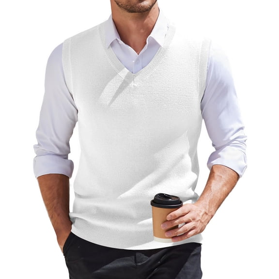 Huankd Men's Solid Sweater Vest Sleeveless Knit V Neck Spring Winter Casual Pullover Top White L
