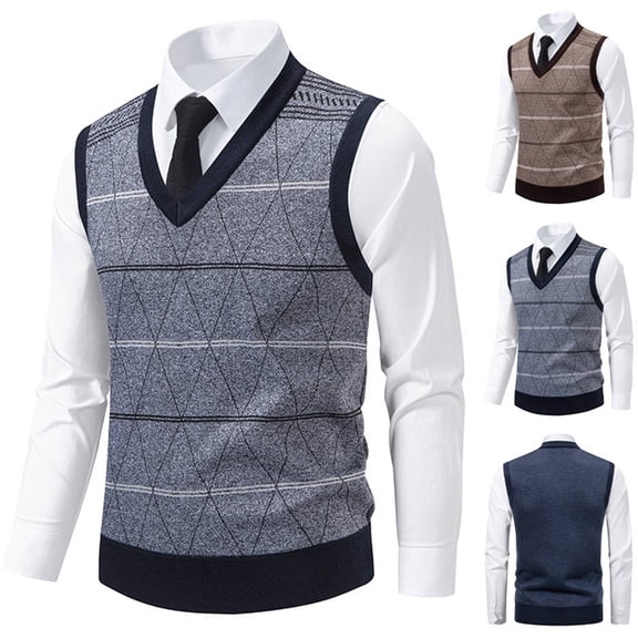 Huankd Men's Sweater Vest V Neck Knit Sleeveless Vest Retro College Style Cable Knit Vest for Men Light Gray L