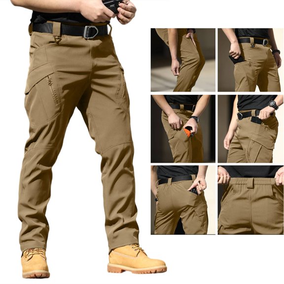 Huankd Men's Tactical Pants Water Resistant Stretch Cargo Ripstop Pants Lightweight Breathable Outdoor Work Hiking Pants Brown 2XL