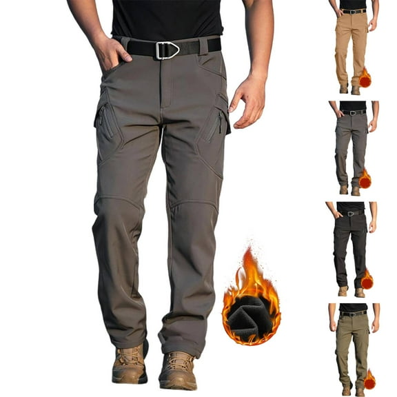 Huankd Men's Winter Work Pants Fleece Lined Tactical Snow Ski Pant Waterproof Insulated Cargo Hiking Trousers Pocket Gray S