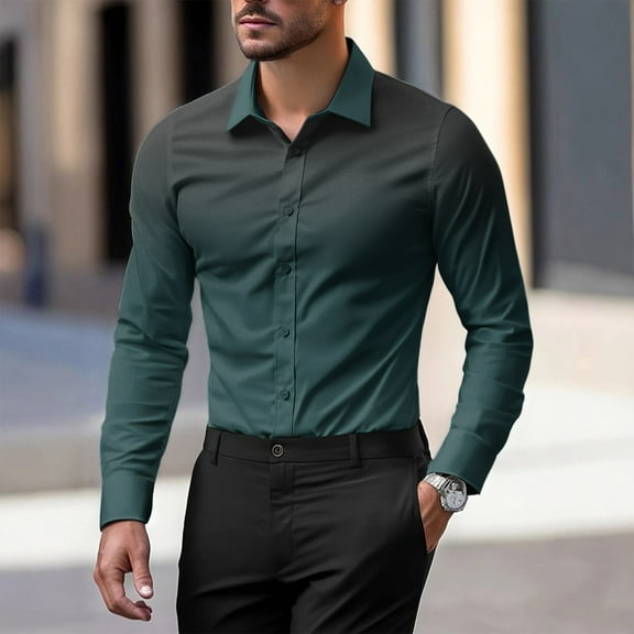 Huankd Men's Wrinkle Free Slim Fit Dress Shirts Formal Long Sleeve Button Down for Wedding Business Army Green 3XL
