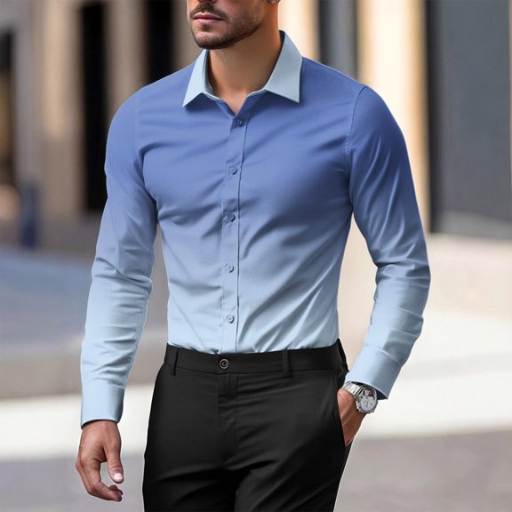 Huankd Men's Wrinkle Free Slim Fit Dress Shirts Formal Long Sleeve Button Down for Wedding Business Blue 2XL