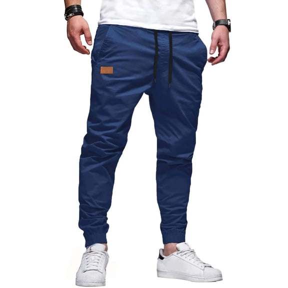 Huankd Mens Casual Cargo Joggers - Cotton Drawstring Chino Pants Hiking Outdoor Twill Track Jogging Sweatpants Dark Blue M