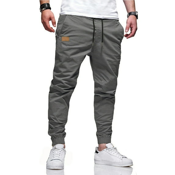 Huankd Mens Casual Cargo Joggers - Cotton Drawstring Chino Pants Hiking Outdoor Twill Track Jogging Sweatpants Dark Gray XL