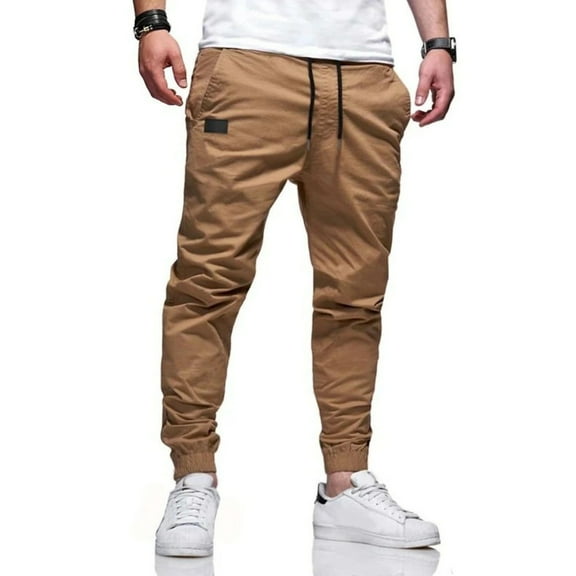 Huankd Mens Casual Cargo Joggers - Cotton Drawstring Chino Pants Hiking Outdoor Twill Track Jogging Sweatpants Earthy Yellow XL