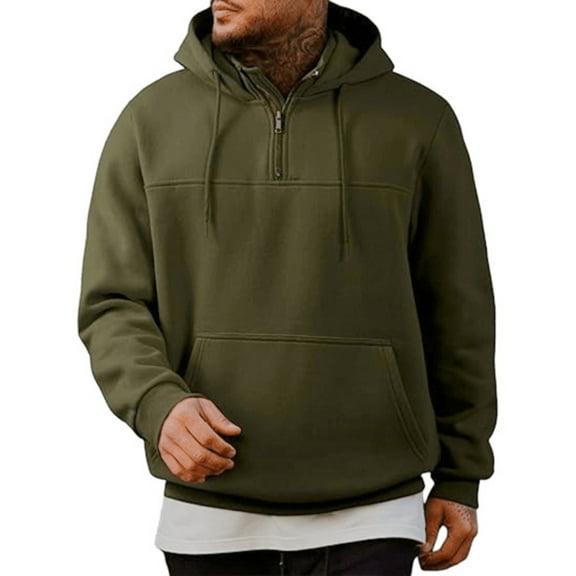 Huankd Mens Casual Hoodies Drawstring Quarter Zip Pullover Sweatshirts Army Green 2XL