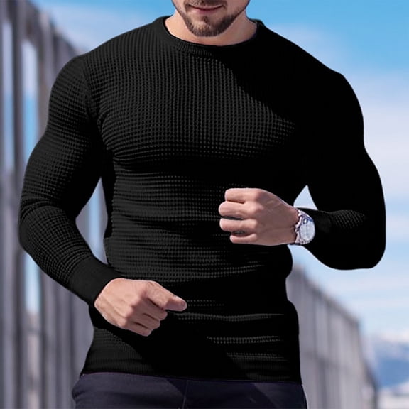 Huankd Mens Fall Crewneck Shirt Long Sleeve Anti-Wrinkle Casual Muscle T Shirts Workout Slim Fitted Black 2XL