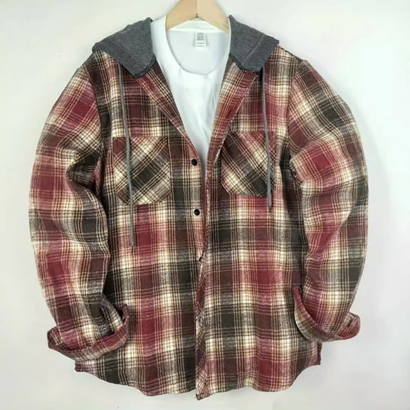 Huankd Mens Flannel Hoodie Shirts Long Sleeve Casual Plaid Jacket Cotton Button Down Flannel Shirt for Men Red 2XL