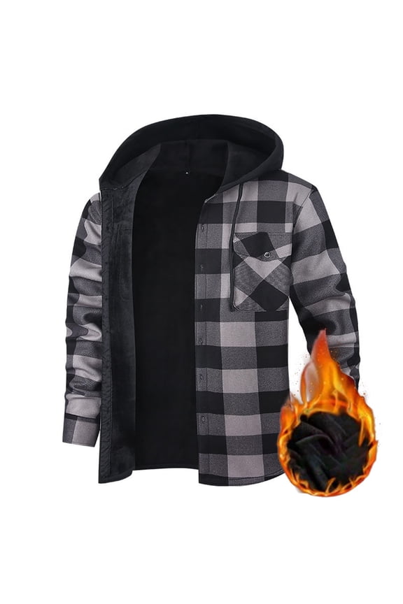 Mens Flannel Plaid Coral Fleece Lined Hooded Shirt Jacket Casual Long Sleeve Button Down Hoodie with Pockets Gray 3XL