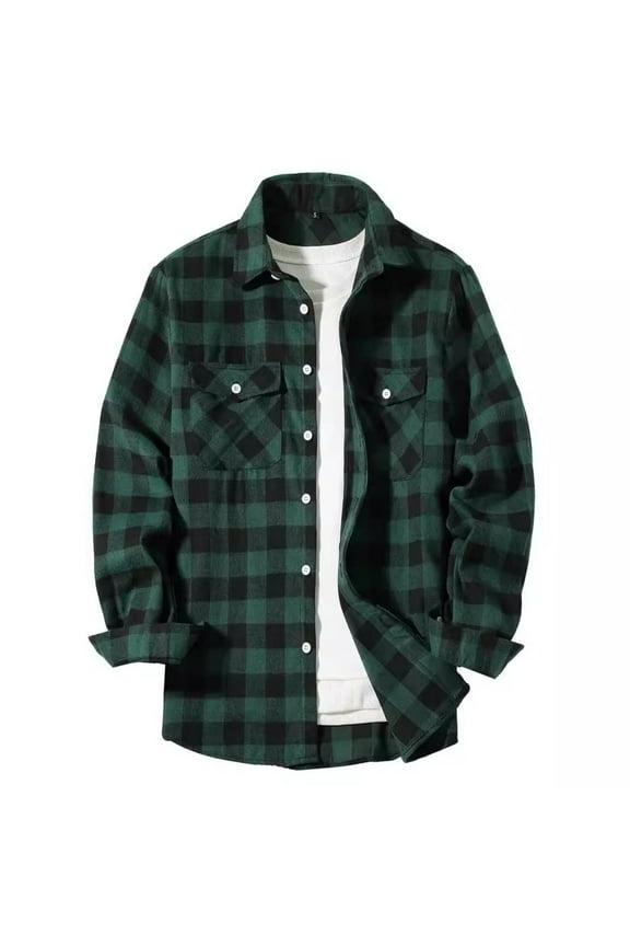 Mens Flannel Plaid Long Sleeve Shirt Casual Button Down Shirts Green 2XL