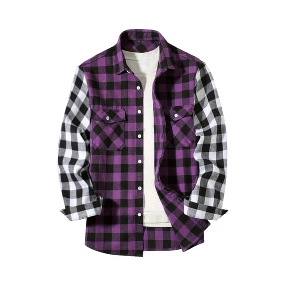Huankd Mens Flannel Shirts Long Sleeve Casual Plaid Button Down Shirt Color Block Cowboy Work Shirts with Pockets Purple XL