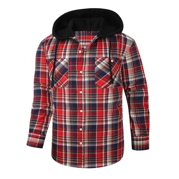 Huankd Mens Hooded Flannel Shirts Hoodie Shirt Long Sleeve Casual Plaid Button Down Jackets Stylish with Pocket Red M