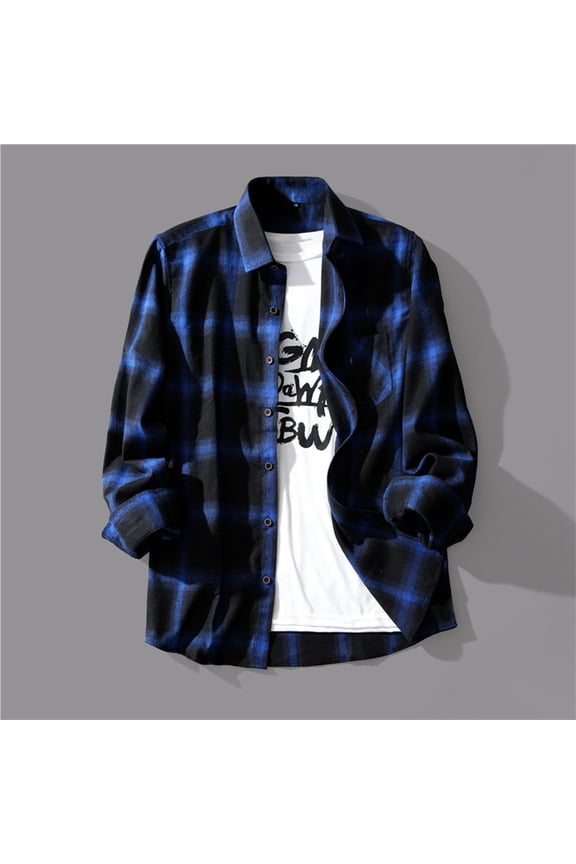 Mens Plaid Shirt,Long Sleeves,Classic Flannel Shirt Button Down Shirt Jacket Tops Dark Blue L