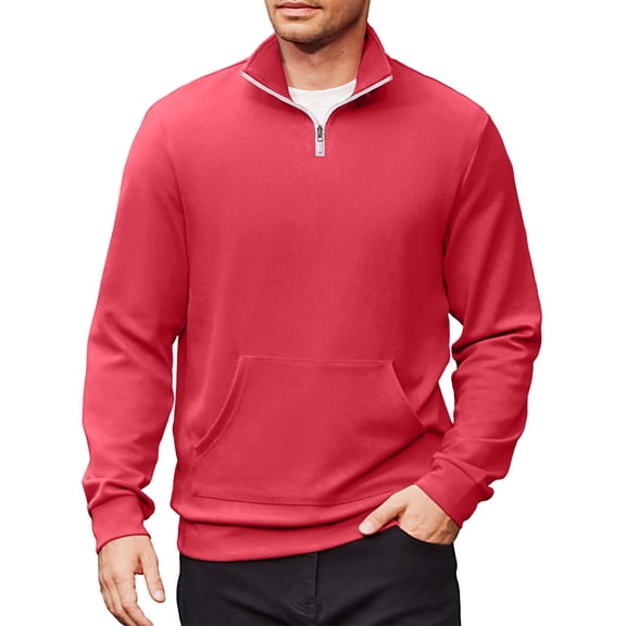 Huankd Mens Quarter Zip Pullover Sweatshirts Long Sleeve Mock Neck Sweater with Pocket Deep Red L