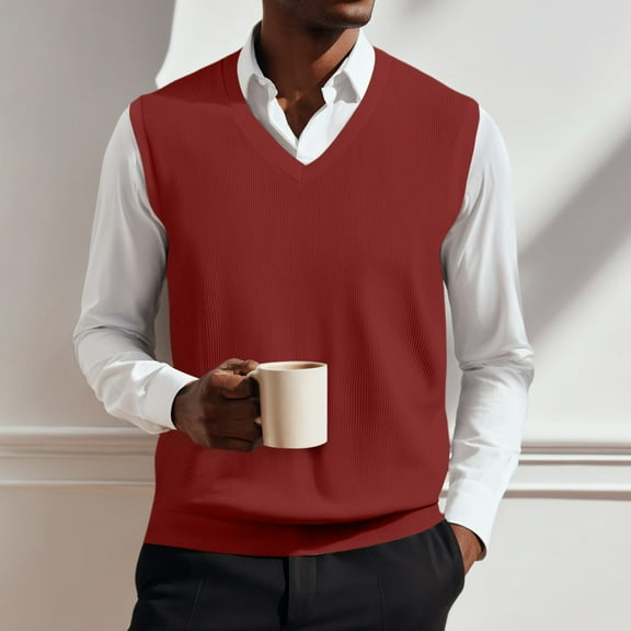 Huankd Mens Sweater Vest Cable Knit V Neck Sleeveless Pullover Casual Bussiness Knitwear Red XL