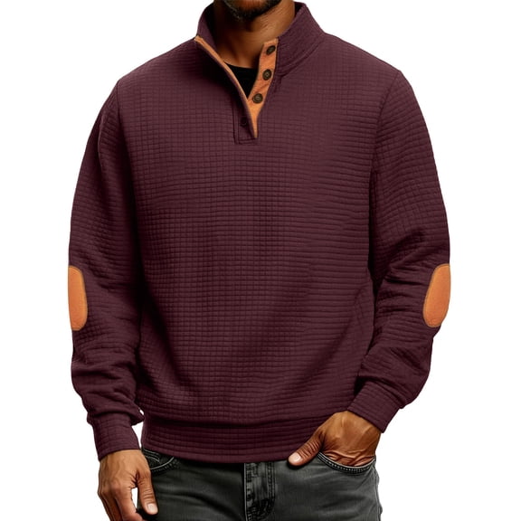 Huankd Mens Sweatshirts Heavyweight Fleece Corduroy Casual Stand Collar Sweatshirt Mock Neck 1/4 Button Pullover Sweaters Wine L