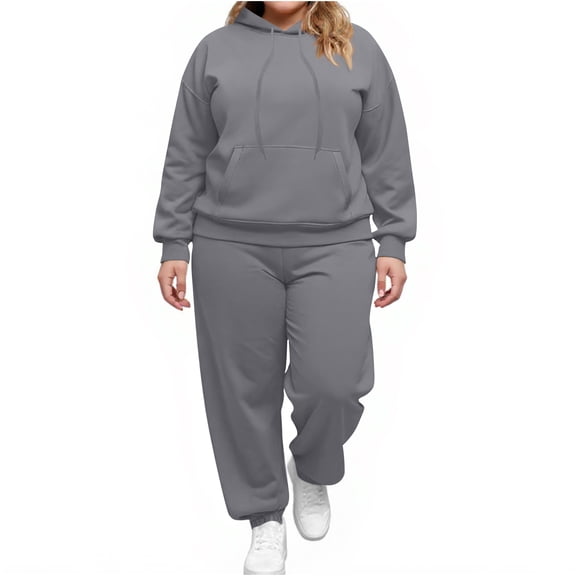 Huankd Plus Size Set Women 2 Piece Sweatsuits Hooded Sweatshirt Sweatpants Tracksuit Elastic Waist Pants Long Sleeve Pullover Dark Gray 3XL