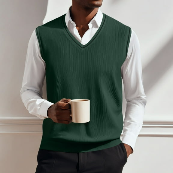 Huankd Plus Size Sweater Vest for Men V Neck Knitted Pullover Sleeveless Tops Slim Fit Casual Vests Spring Fashion Green M
