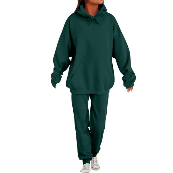 Huankd Plus Size Winter Clothes 2 Piece Outfits for Women Fleece Lounge Set With Oversized Top and Joggers Green XL