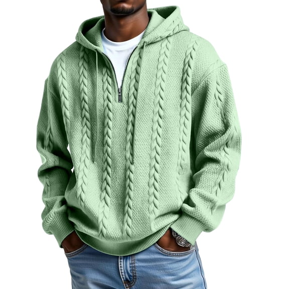 Huankd Quarter Zip Pullover Men Long Sleeve Casual Thermal Hooded Sweatshirt Textured Athletic Workout Warm Sweater Loose Shirt Mint Green 2XL