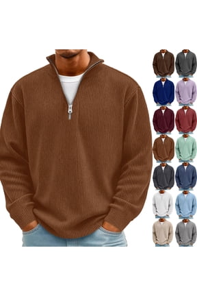 Quarter Zip Pullover for Men Long Sleeve Knit Sweater Casual Slim Fit Textured High Neck Fall Winter 2026 Cozy Sweatshirt Coffee 3XL