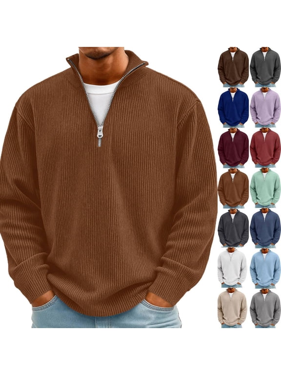 Quarter Zip Pullover for Men Long Sleeve Knit Sweater Casual Slim Fit Textured High Neck Fall Winter 2026 Cozy Sweatshirt Coffee 3XL