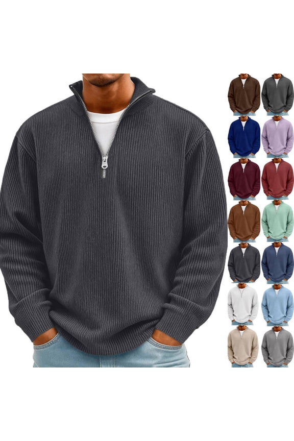 Quarter Zip Pullover for Men Long Sleeve Knit Sweater Casual Slim Fit Textured High Neck Fall Winter 2026 Cozy Sweatshirt Dark Gray 2XL