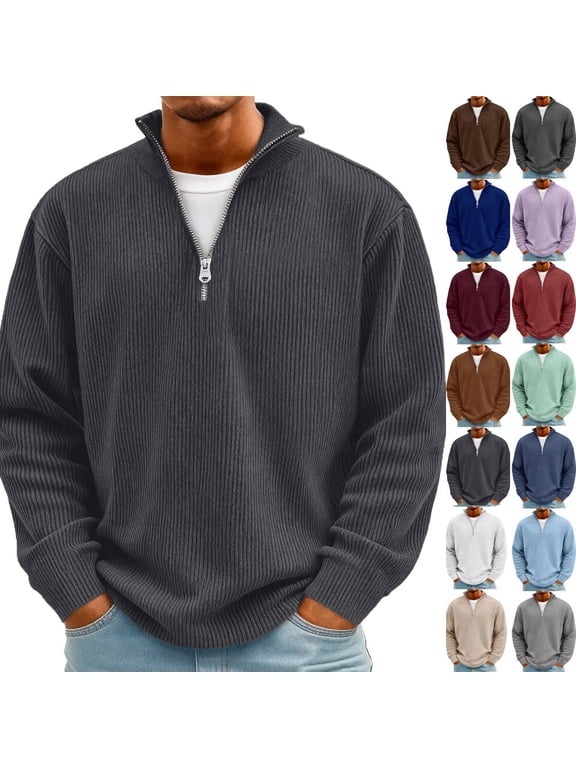 Quarter Zip Pullover for Men Long Sleeve Knit Sweater Casual Slim Fit Textured High Neck Fall Winter 2026 Cozy Sweatshirt Dark Gray M