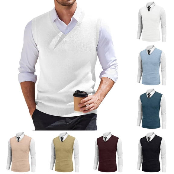Huankd Sleeveless Knitted Sweater Vest Men Pullover V Neck Lightweight Vest Slim Fit Solid Plain Casual Tops 2026 Spring White 3XL