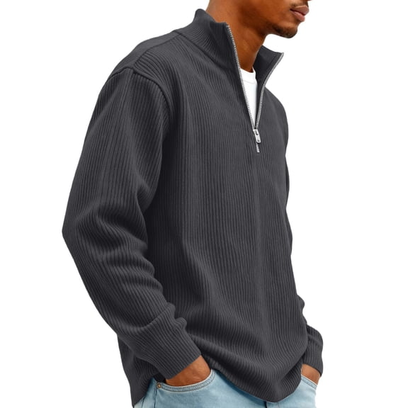 Huankd Soft Quarter Zip Knit Sweater for Men Long Sleeve Pullover Casual Crew Neck Textured Slim Fit Cozy Winter 2026 Tops Dark Gray S