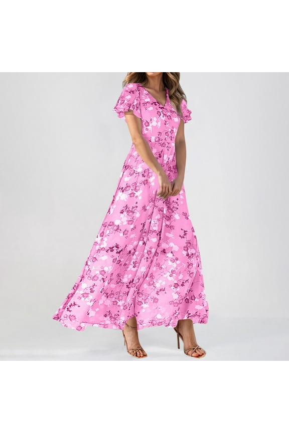 Spring Dresses for Women 2025 - Floral Chiffon Short Sleeve Flowy Trendy Maxi Dress Hot Pink S