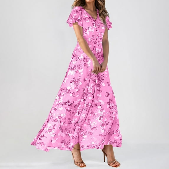 Huankd Spring Dresses for Women 2025 - Floral Chiffon Short Sleeve Flowy Trendy Maxi Dress Hot Pink XL