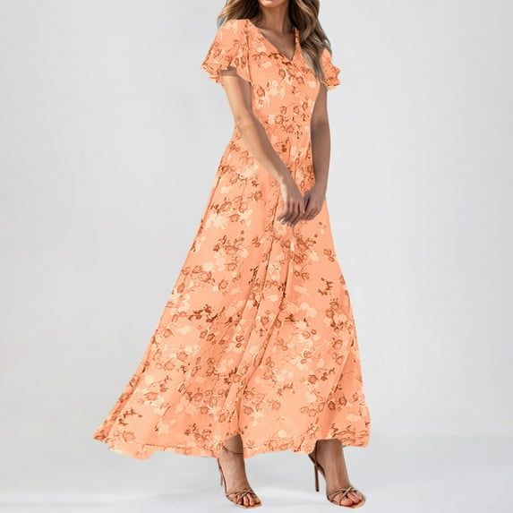 Huankd Spring Dresses for Women 2025 - Floral Chiffon Short Sleeve Flowy Trendy Maxi Dress Orange 2XL