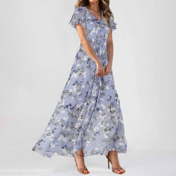 Huankd Spring Dresses for Women 2025 - Floral Chiffon Short Sleeve Flowy Trendy Maxi Dress Purple L