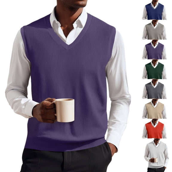 Huankd Sweater Vest Men Casual Dressy V Neck Sweaters Lightweight Knitted Sleeveless Pull Over Sweaters Slim Fit Dress Vest Dark Blue 2XL