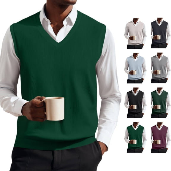 Huankd Sweater Vest Men V Neck Business Casual Sweaters Sleeveless Knitwear Knitted Pullover Formal Vest Top 2026 Dark Green M