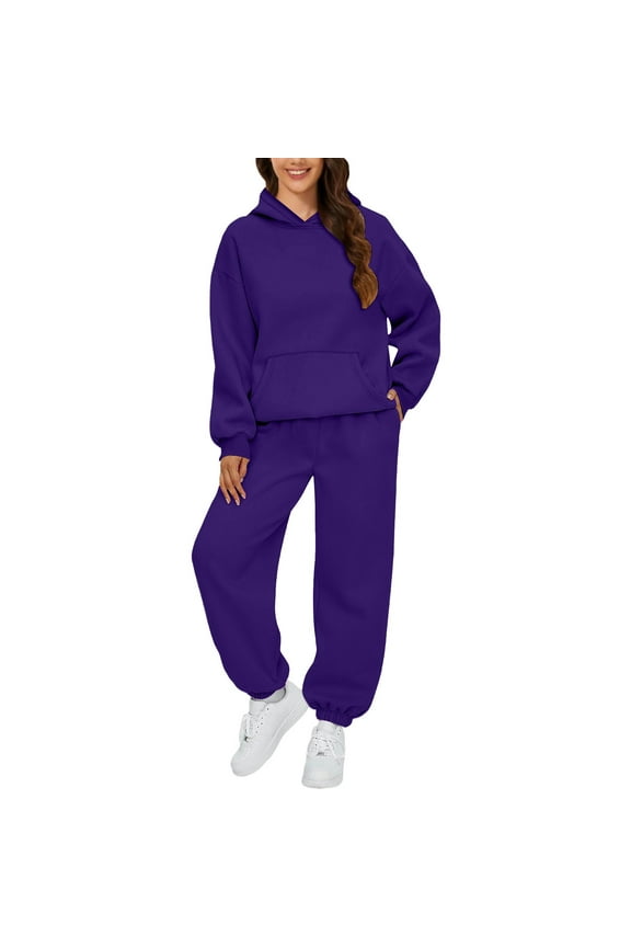 Sweatsuits Women 2 Piece Outfit Comfort Fleece Oversized Hoodie Jogger Sweatpants Set Athleisure Matching Sweat Sets Dark Purple 2XL