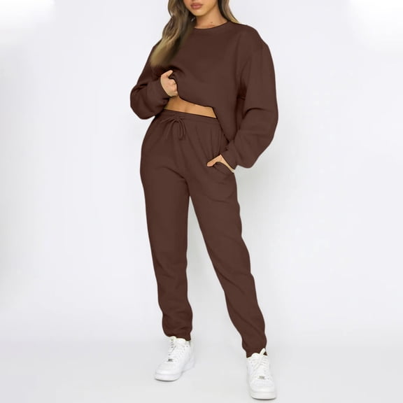 Huankd Sweatsuits for Women Set 2 Piece Jogging Suit Long Sleeve Pullover Sweatshirts Sweatpants Tracksuit Casual Outfits Coffee XL