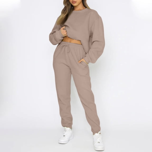 Huankd Sweatsuits for Women Set 2 Piece Jogging Suit Long Sleeve Pullover Sweatshirts Sweatpants Tracksuit Casual Outfits Khaki 2XL