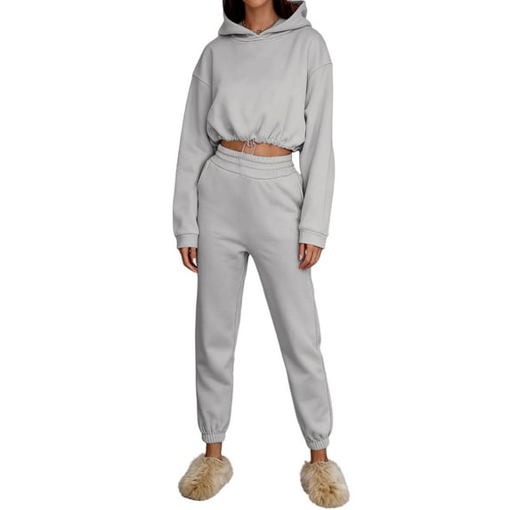 Huankd Sweatsuits for Women Set 2 Piece Tracksuits Outfits Casual Long Sleeve Crop Hoodie Jogger pants Matching Sets Light Gray S