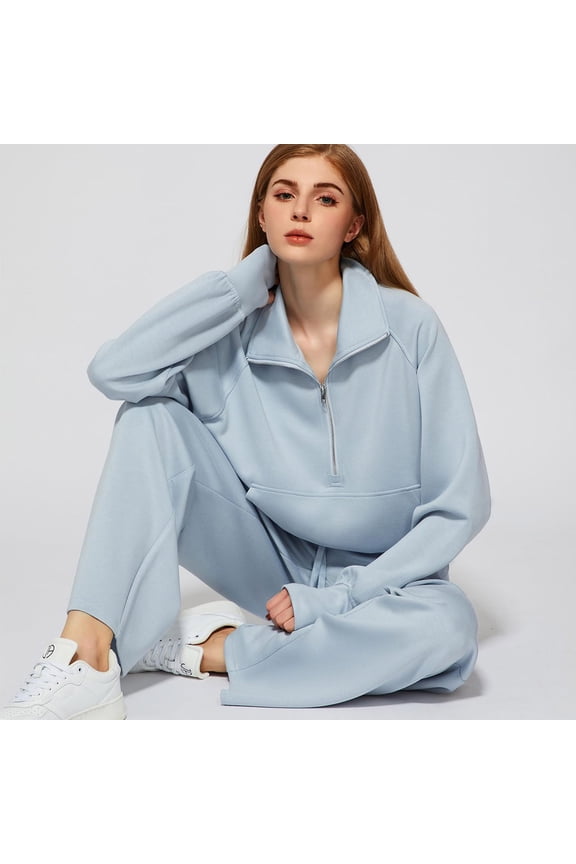 Two Piece Outfits Half Zip Sweatshirt Sweatsuit Lounge Sets for Women Matching Set Wide Leg Sweatpant Tracksuit Light Blue M
