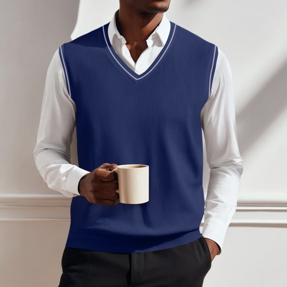 Huankd V Neck Sweater Vest Casual Men Sleeveless Slim Fit Knit Pullover Sweaters Solid Color Lightweight Spring Jumper Tops Blue 4XL